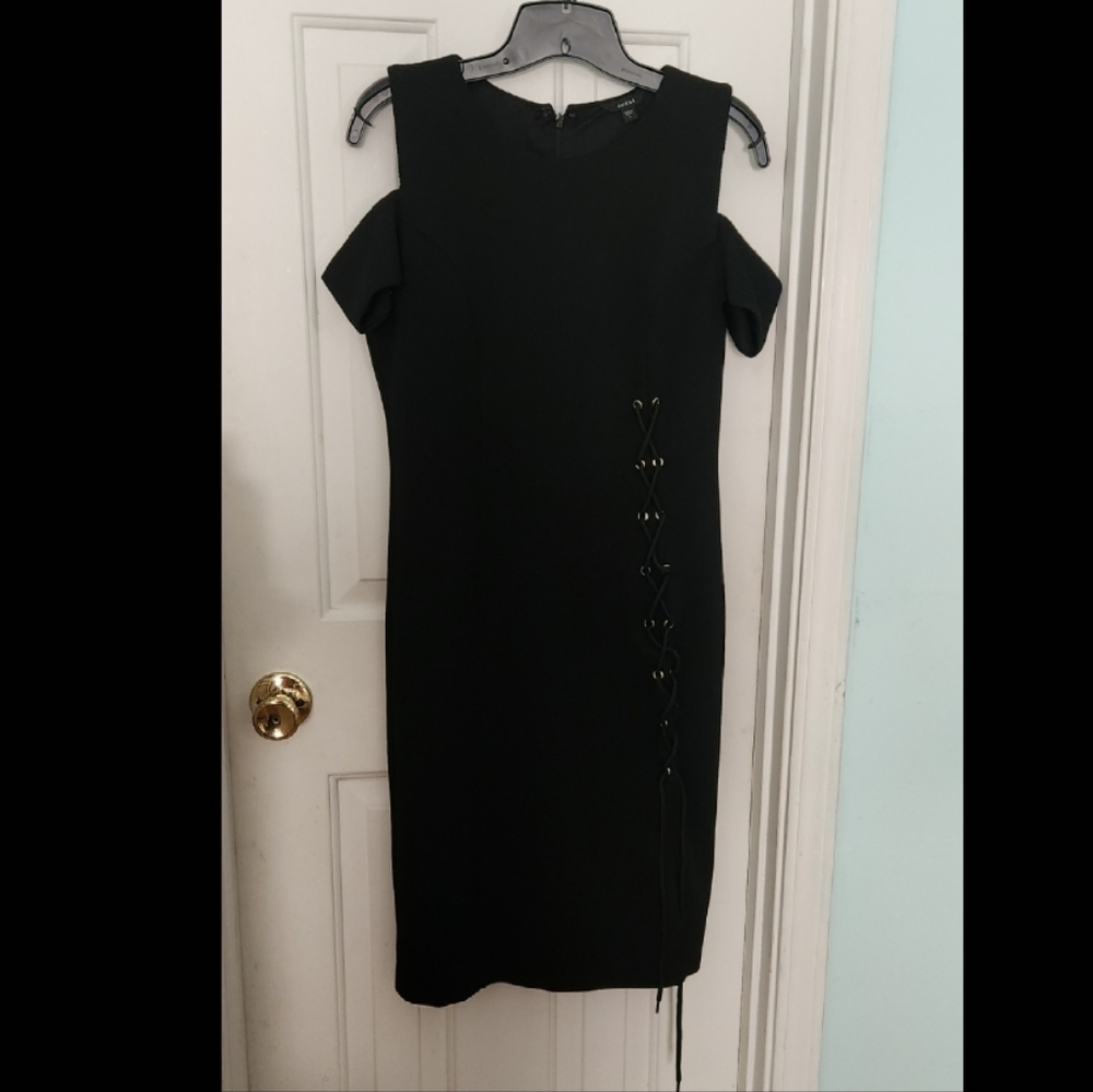Guess Black Cold Shoulder Midi Dress with Lace-Up Detail